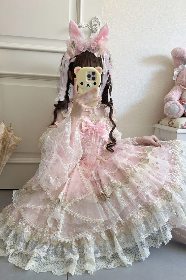 Robe Lolita Jsk style chinois doux sans manches à volants broderie nœud papillon rose [Fleurs tombant sous la pluie] 