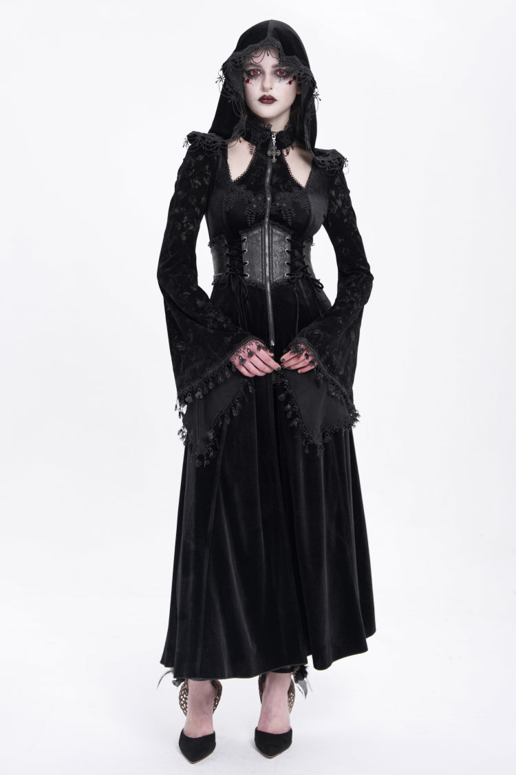 Black Long Sleeves Hollow Embroidery Hooded Ripped Women's Gothic Dress Coat