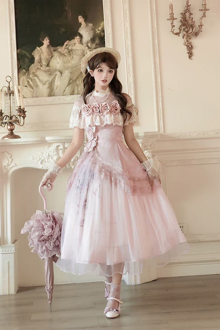 Ensemble de robe Lolita élégante et douce asymétrique en dentelle avec nœud de broderie à volants rose [Poèmes de Rose] 