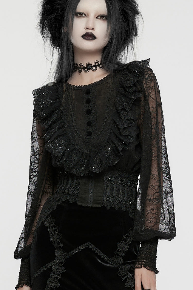 Corset Underbust Gothique à Lacets en Dentelle Perlée Noire pour Femme 