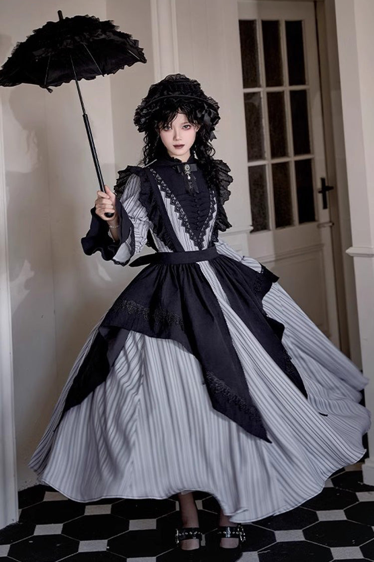 Light Grey [Nocturne] Vertical Stripes Print Ruffle Bowknot Lace Gothic Lolita Dress 2 Versions