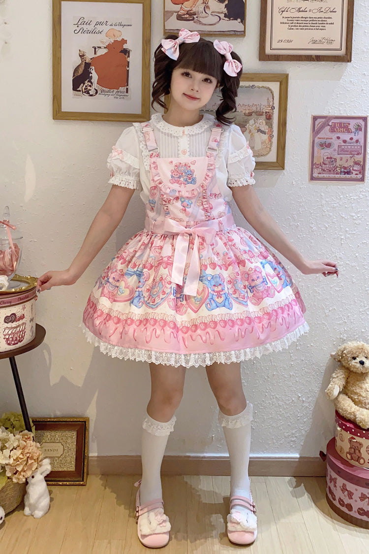 Milky Berry Bear Print Pink Bowknot Stitching Lace Sweet Lolita Strap Dress