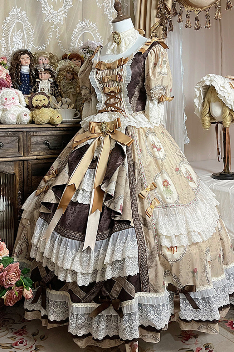 Brown [Baker Street Tea Party] Short Sleeves High Waisted Print Ruffle Embroidery Cardigan Bowknot Lace-Up Classic Vintage Princess Lolita Dress