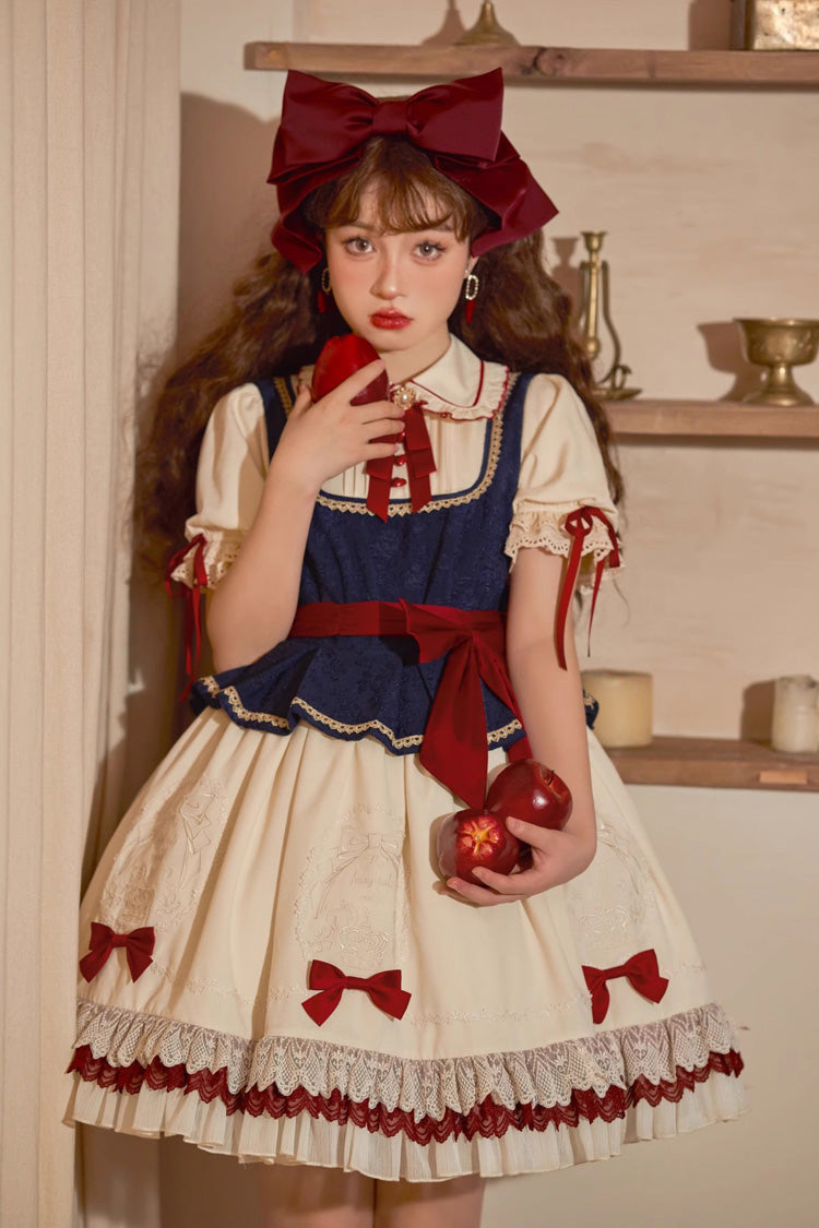 Multi-Color Snow White Lapel Collar Ruffle Short Sleeves Sweet Lolita Dress