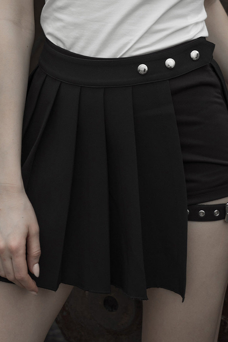 Black Fake Two-Piece Side Metal Buckle Pleated Women's Punk Skirt