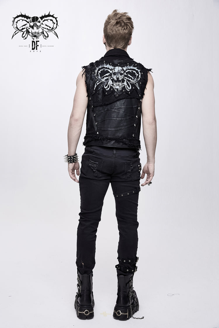 Black Heavy Metal Rivet Back Printed Coarse Twill Worn Out Men's Punk Waistcoat