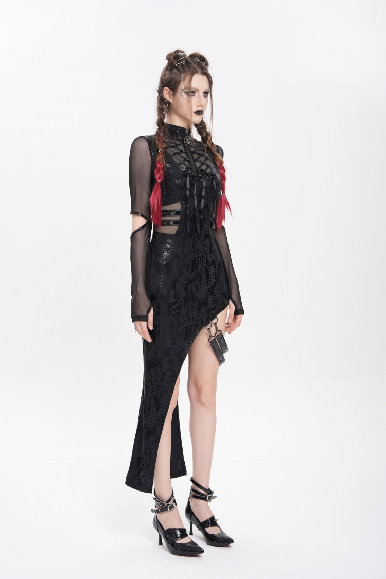 Black Stand Collar Long Sleeves Stitching Lace-Up Mesh Women's Punk Dress with Detachable Strap