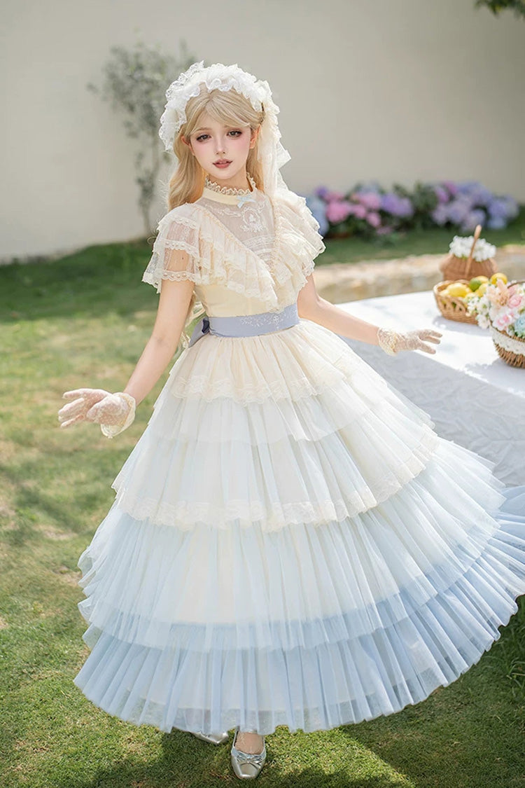 Bleu [Vœu sincère] Col édouardien manches courtes Ombre multicouche à volants brodé doux robe Lolita