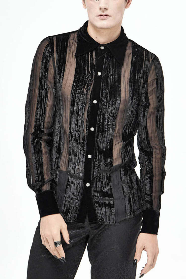 Black Striped Velvet Fold Mushroom Metal Buckles Long Sleeve Irregular Men's Gothic Shirt