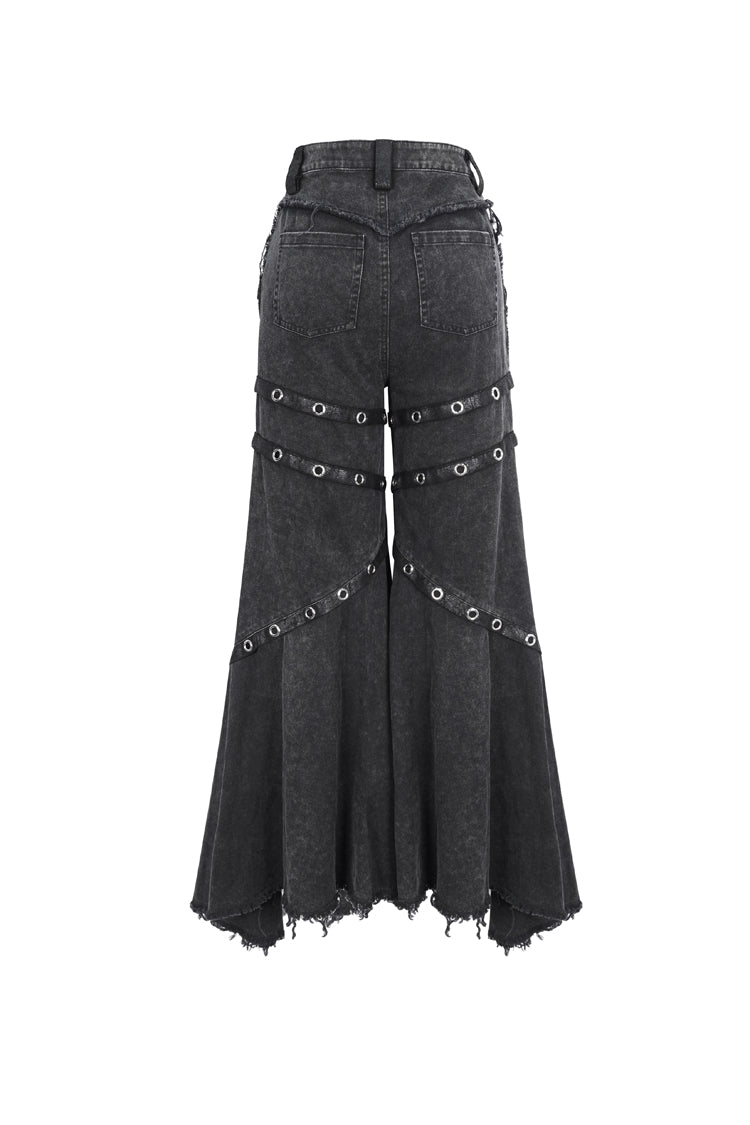 Black Mesh Eyelets Ruffled Flared Womens Punk Pants