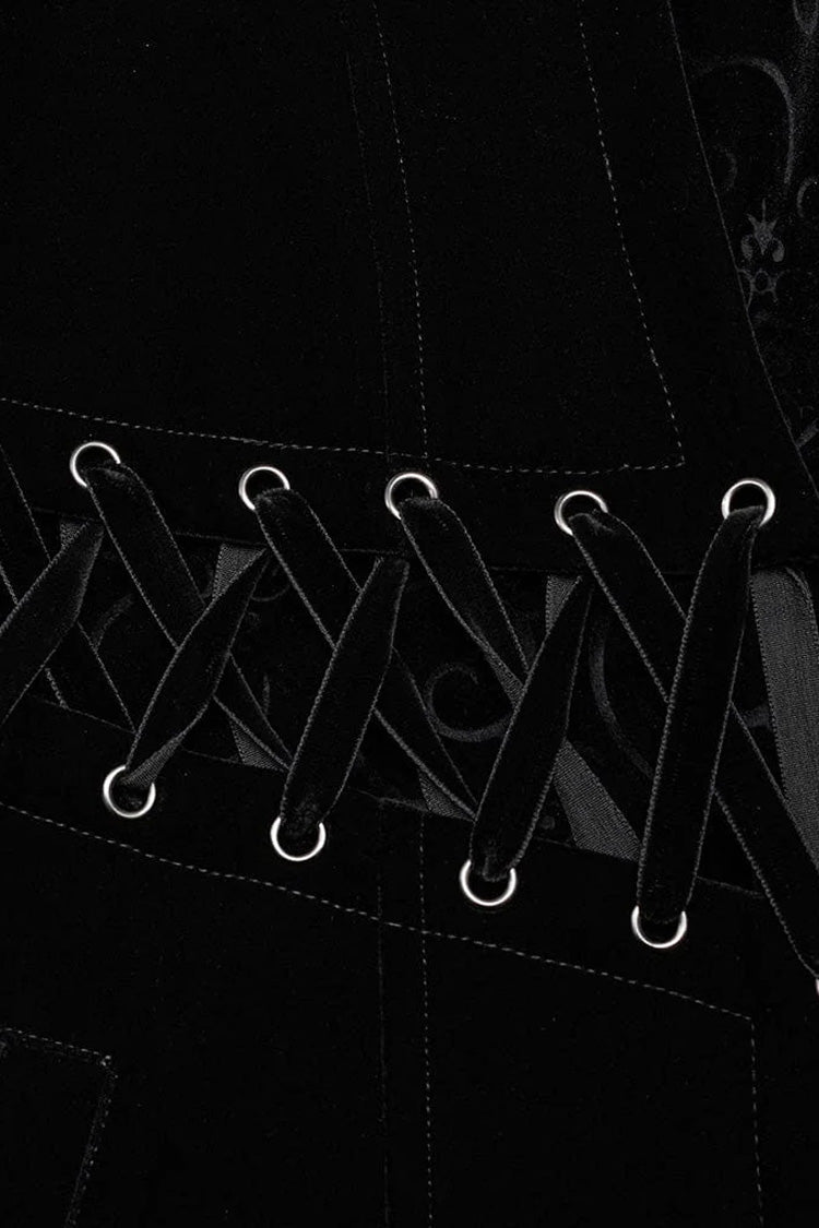 Black Stand Collar Jacquard Print Waist Cord Decoration Mens Gothic Mid Length Coat
