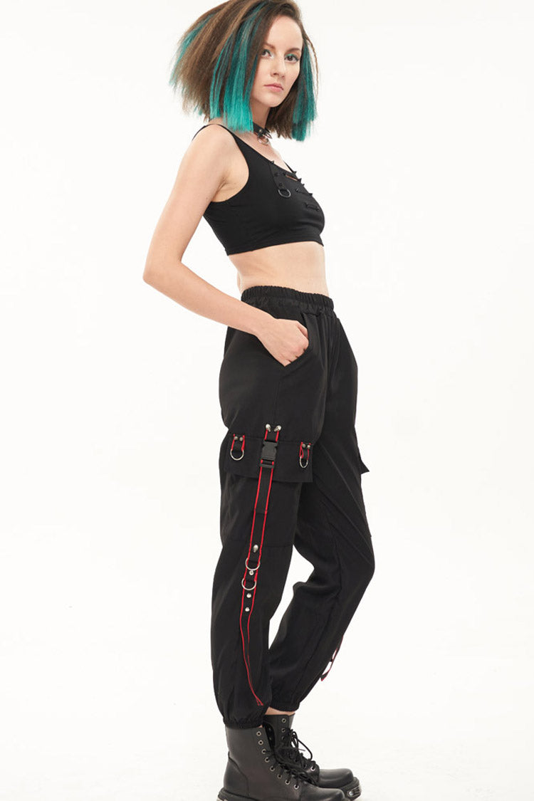 Black Punk Casual Skull Webbing Decoration Women's Long Pants