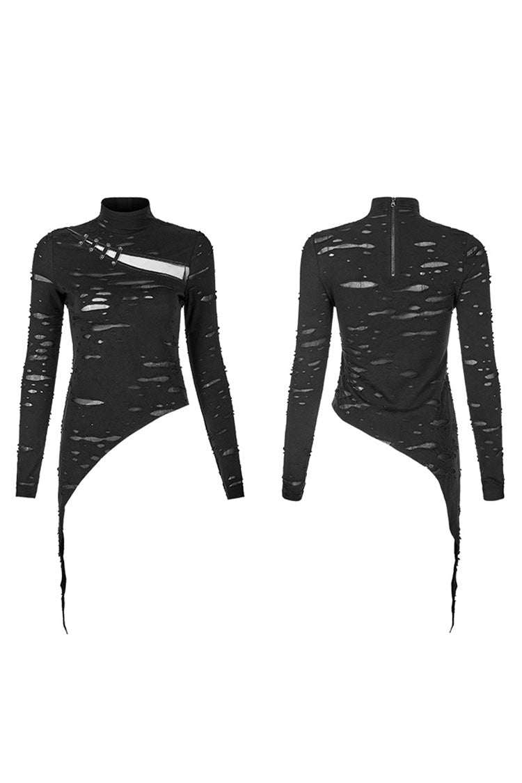 Schwarzes Punk-T-Shirt für Damen mit langen Ärmeln, hohem Kragen, ausgehöhltem Riemen vor der Brust, unregelmäßigem Saum, gebrochenen Löchern und gespleißtem Netzstoff