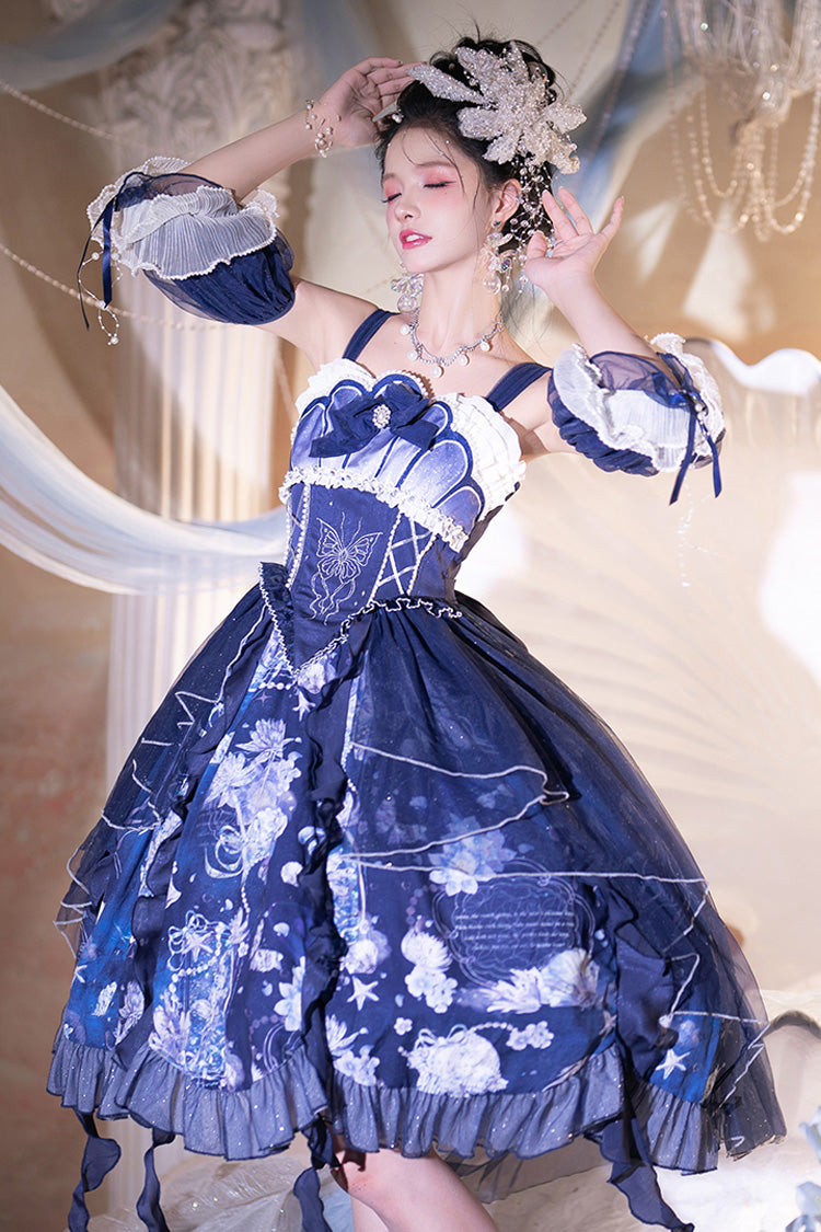 Blaues [Tiefseequallen] Print Rüschenspitze Süßes Elegantes Lolita Jsk Kleid