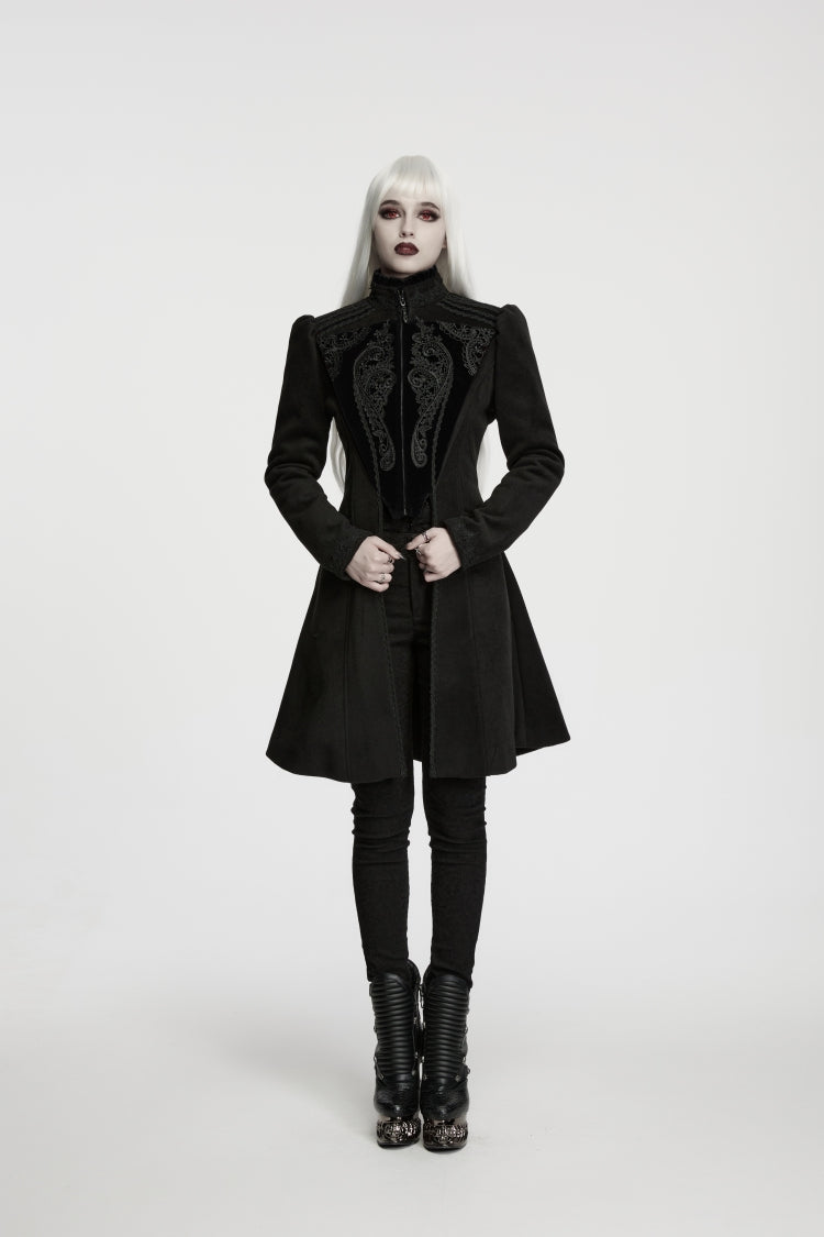 Schwarzer Stehkragen, lange Ärmel, vorne offen, Schnürung, schmale Passform, Farbblock-Reißverschluss, königlicher Damenmantel im Gothic-Adrette-Stil
