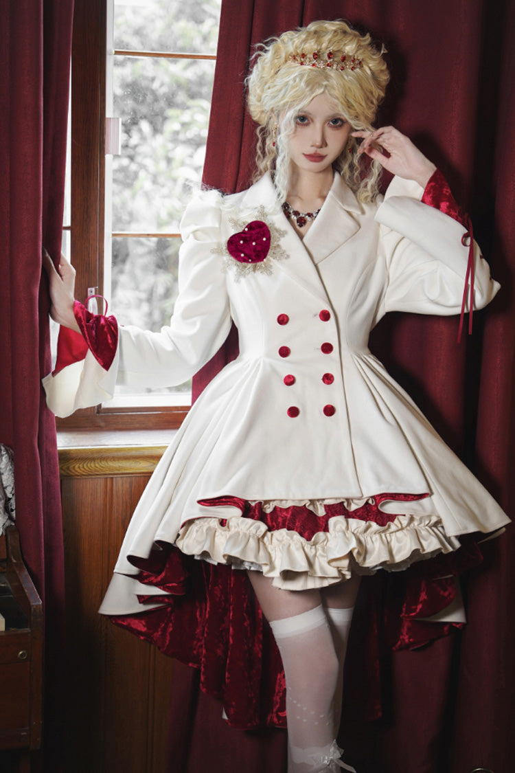 Weißer zweireihiger unregelmäßiger Gothic-Lolita-Mantel mit kurzer Vorderseite und langer Rückseite
