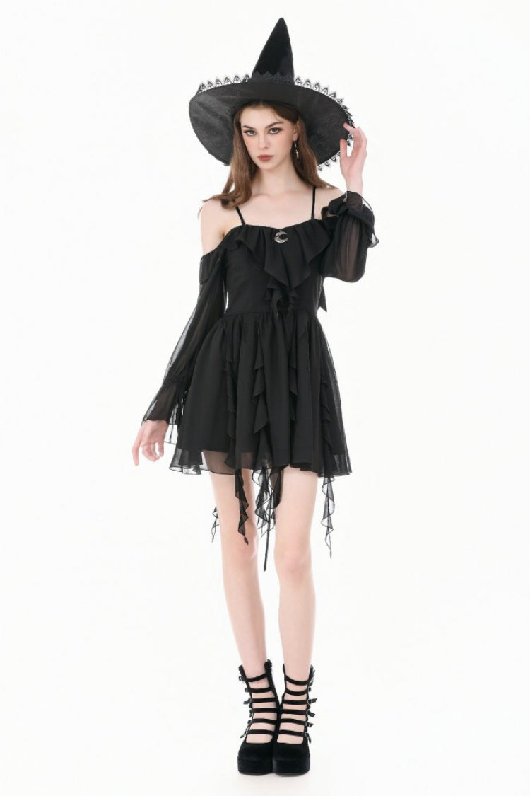 Black Moon Charm – robe gothique à épaules dénudées, manches longues bouffantes, ourlet à volants, pour femmes