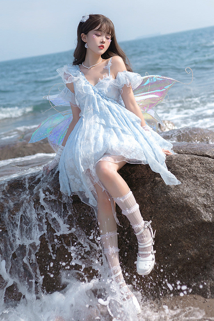 Blue [Summer of Bubbles] Sleeveless Ruffle Embroidery Lace Irregular Short Sweet Lolita Jsk Dress