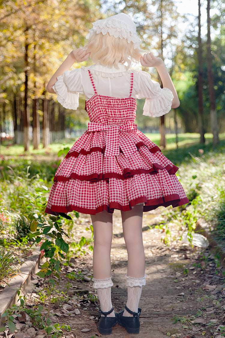 Red [Cloth Cat] Triple-Layered Plaid Print Ruffle Bowknot Sweet Lolita Dress