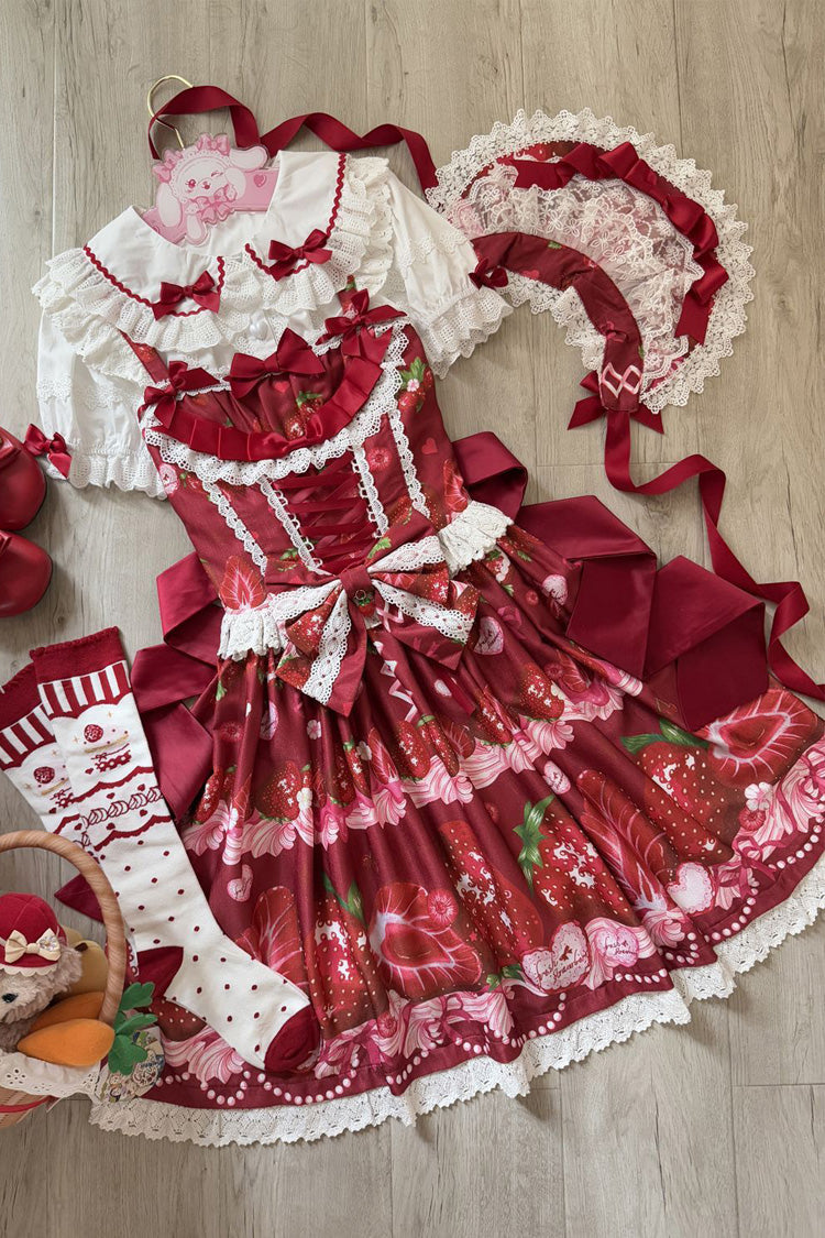 [Süße Beeren Geschichte] Erdbeerprint Rüschen Schleife Spitze Süßes Lolita Jsk Kleid 4 Farben 