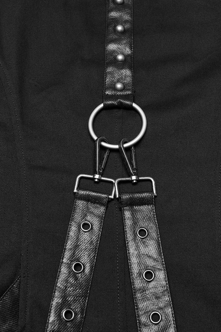 Manteau punk noir à col à revers, manches longues, à capuche et plissé pour homme avec sangle à boucle 