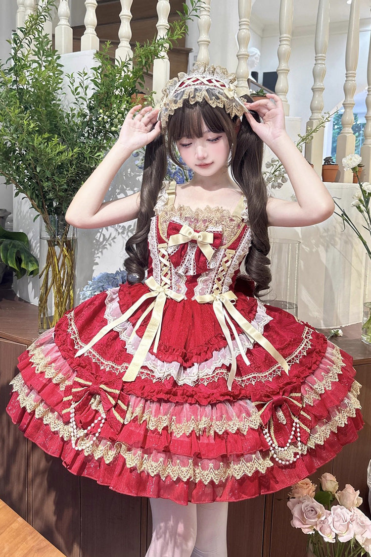 Red [Gilded Memories] Sleeveless Double-Layered Ruffle Hot Stamping Bowknot Lace Sweet Lolita Jsk Dress