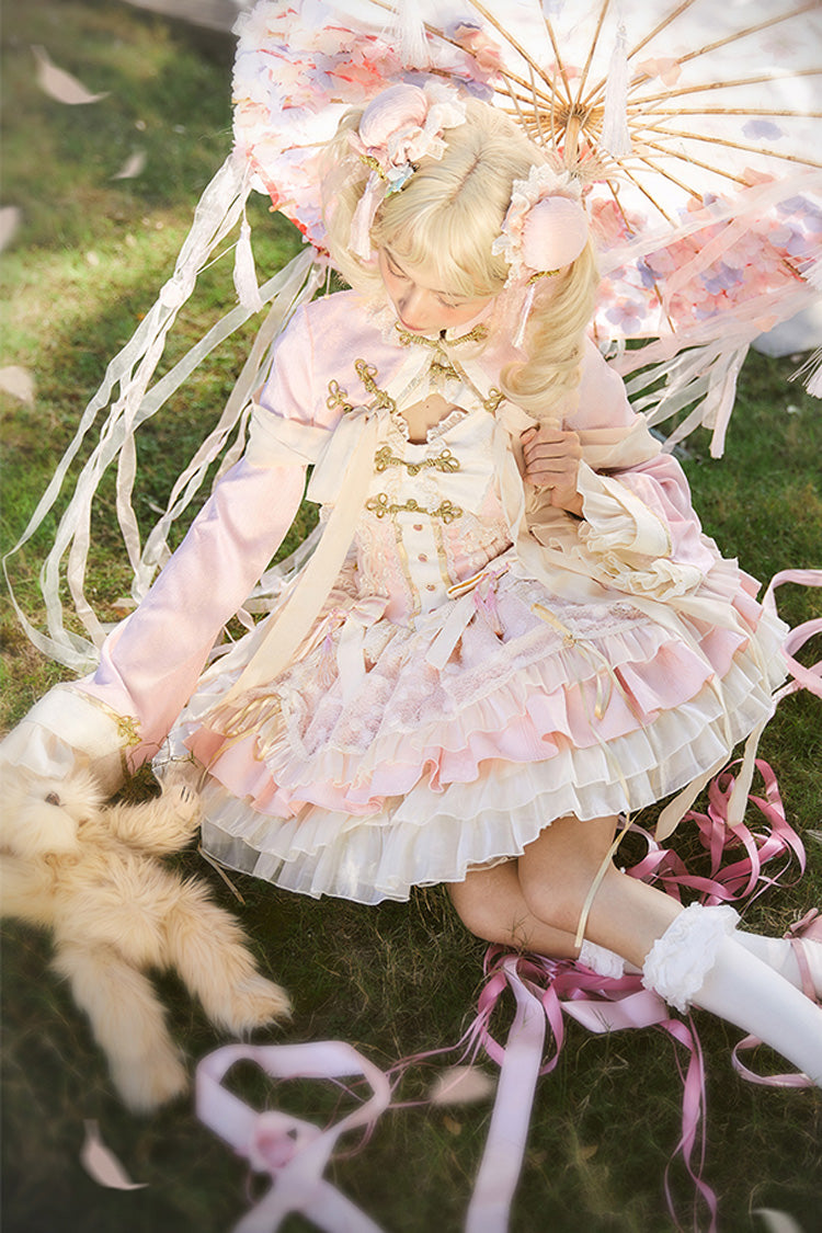 Rosa-weißes Pear Dream Mehrlagiges Rüschen-Spitzenkleid im chinesischen Prinzessinnen-Stil mit Lolita-JSK-Kleid