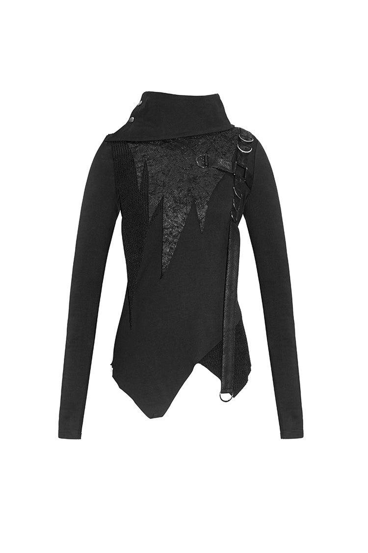 Black Worn Out Cross Shaped Hasp Long Sleeve High Collar Asymmetric Hem Women's Punk T-Shirt