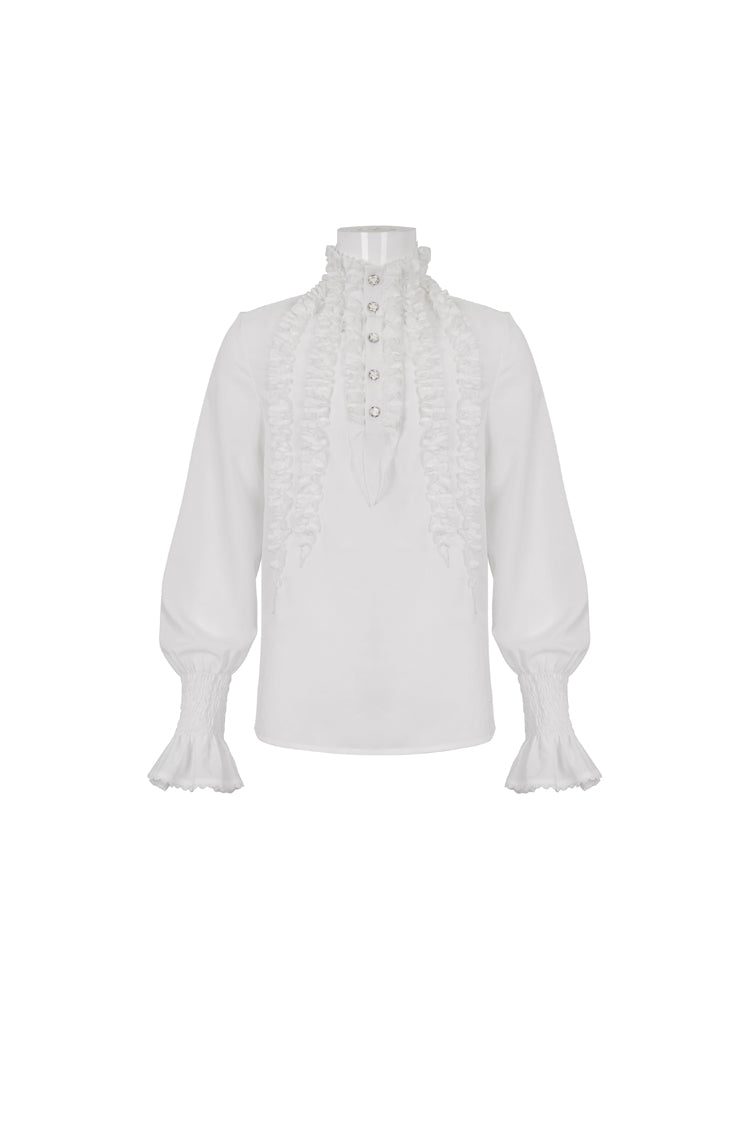 White Irregular Stand Collar Puff Sleeved Ruffled Men's Gothic Shirt