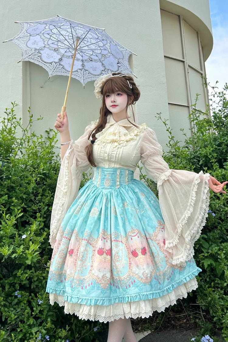 Blue [Moonlit Garden Secret] Print Ruffle Embroidery Lace Sweet Elegant Palace Lolita Skirt