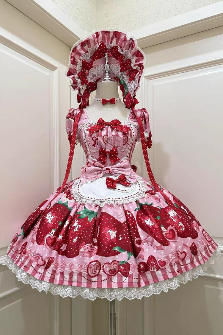 [Dream to Strawberry] Print Short Sleeves Ruffle Bowknot Lace Sweet Lolita OP Dress 4 Colors