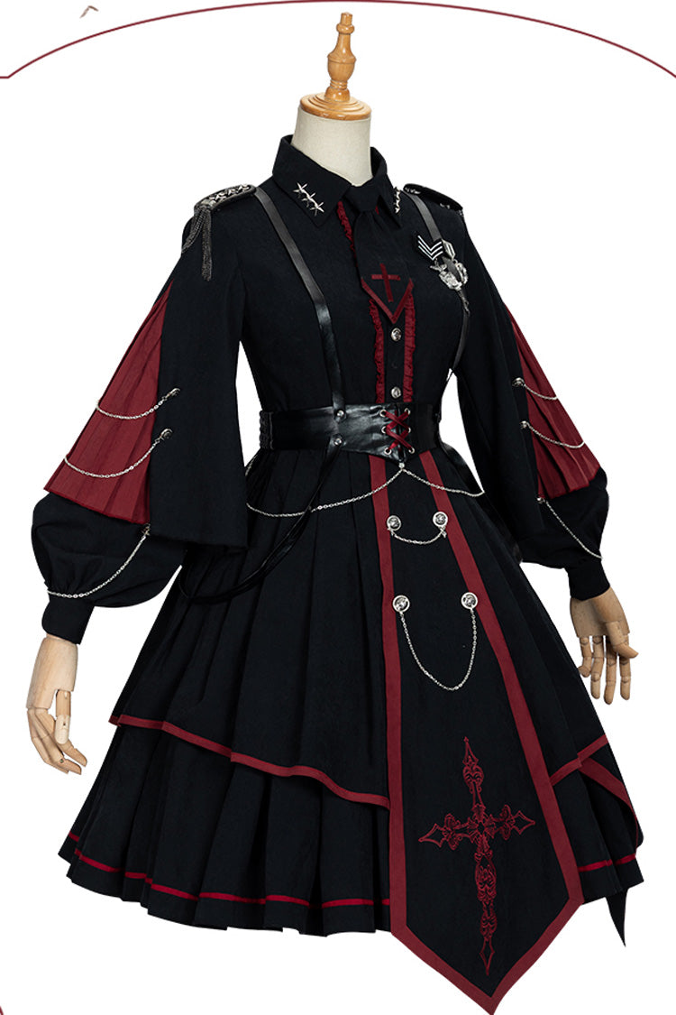 Schwarz/Rot Langärmliges Punisher Militär Unregelmäßiges Gothic Lolita Kleid Komplettset