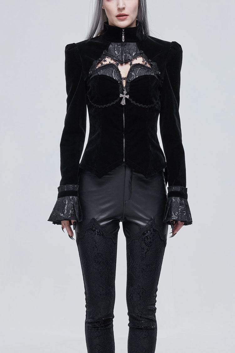 Black Vintage Shiny Jacquard Bat Cutout Applique Women's Gothic Jacket