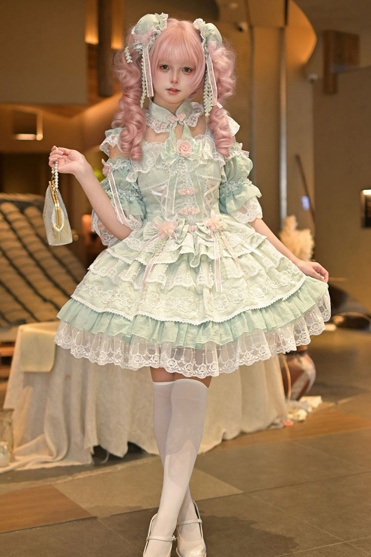 Grünes [Regen von Pfirsichen] Ärmelloses Mehrschichtiges Schleifen-Spitzen-Süßes Chinesisches Lolita Jsk Kleid 