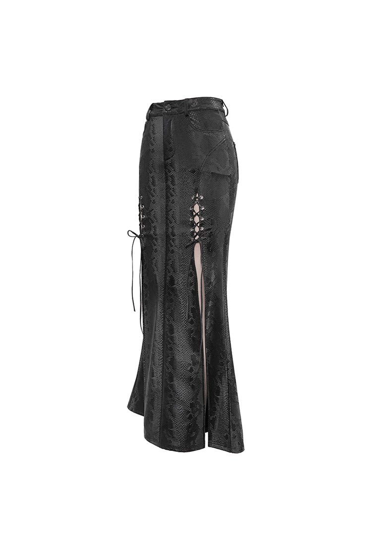 Black Snake Like Leather Side Slit Hem Lace Up Rivet Long Women's Punk Skirt