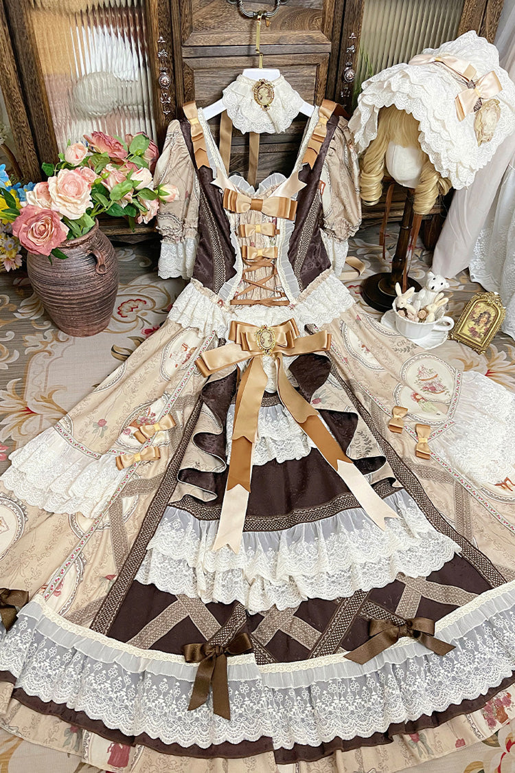 Brown [Baker Street Tea Party] Short Sleeves High Waisted Print Ruffle Embroidery Cardigan Bowknot Lace-Up Classic Vintage Princess Lolita Dress