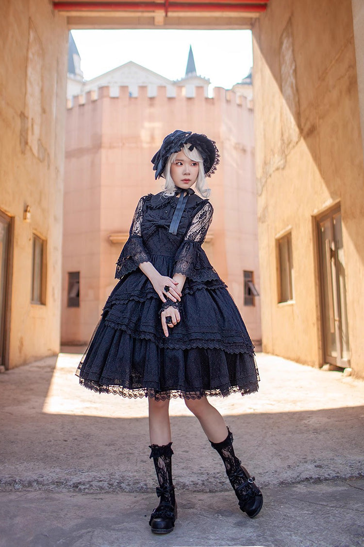 Black Solid Color Tower of Dawn Bowknot Sleeveless Ruffle Gothic Lolita Dress