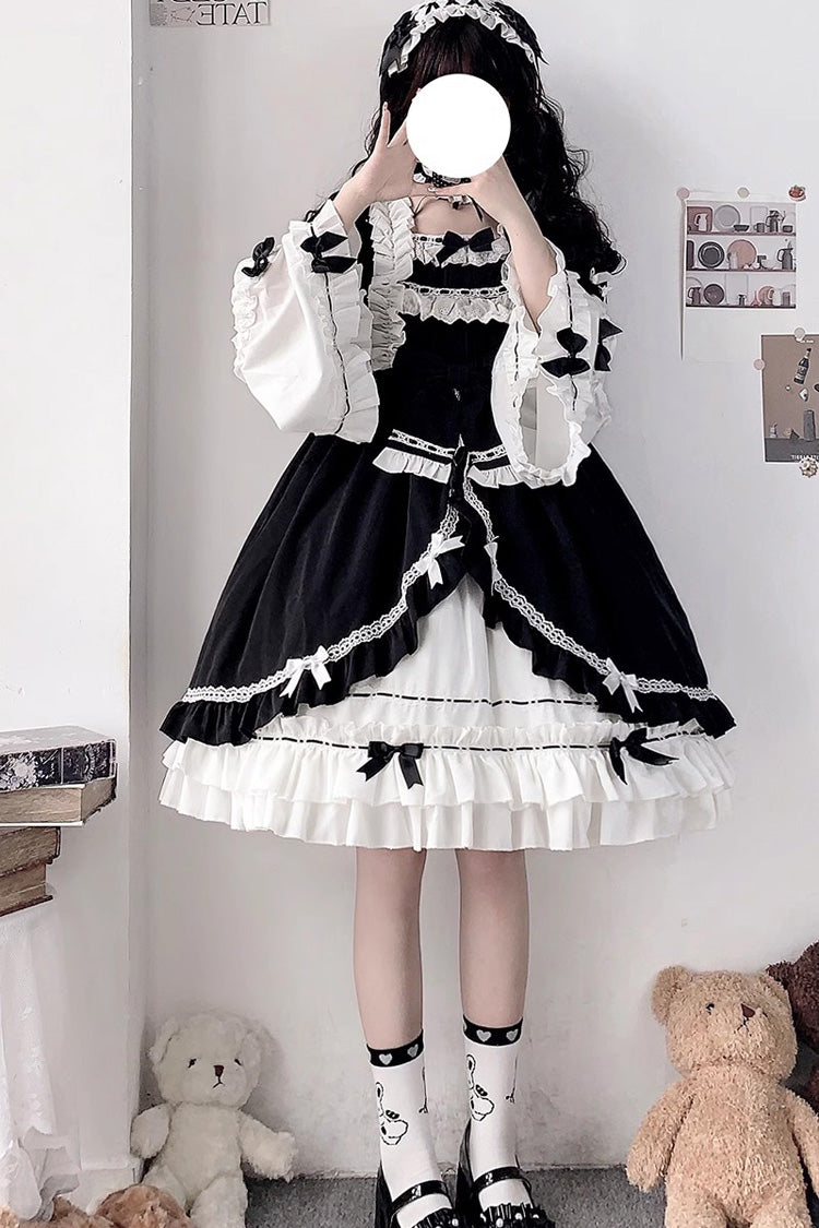 White/Black Hime Sleeves Multi-layer Ruffle Cardigan Bowknot Gothic Princess Lolita Dress