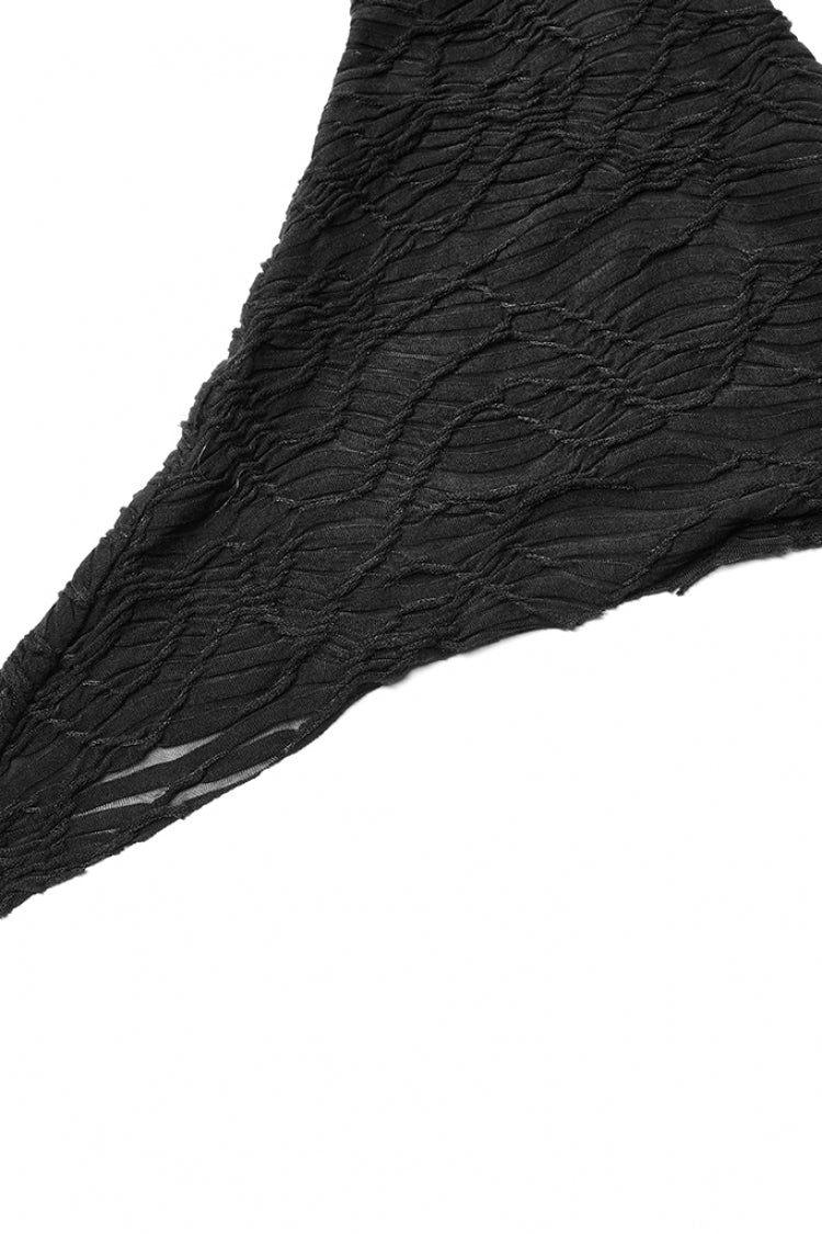 Schwarzes Gothic-T-Shirt für Damen mit hohem Kragen, langen Trompetenärmeln und ausgehöhlter Schnürung