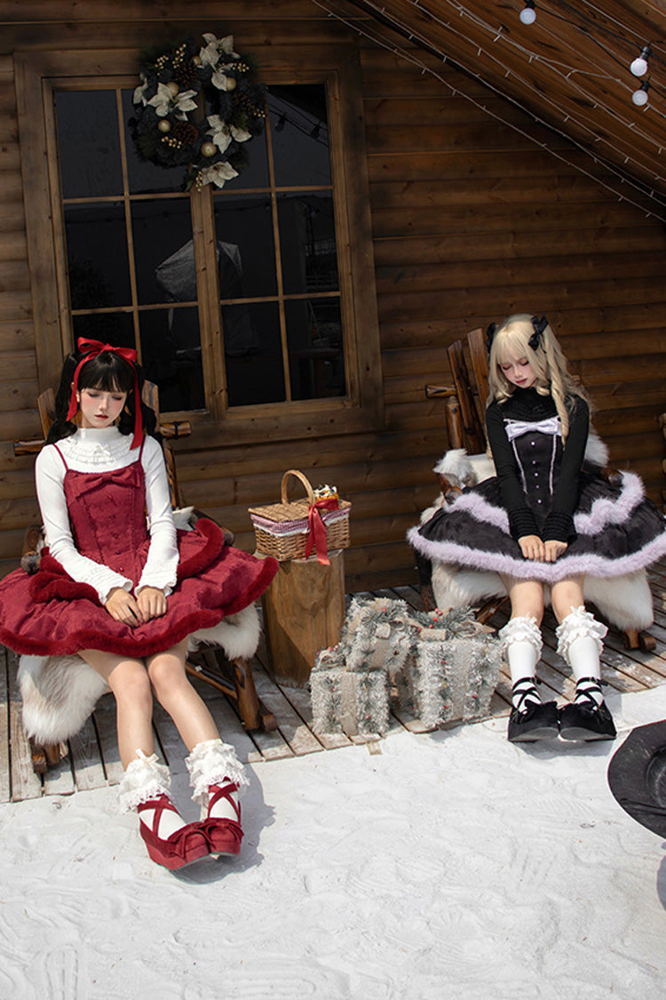 [Winter's Wish] Double-Layered Jacquard Bowknot Furry Sweet Lolita Jsk Dress 2 Colors