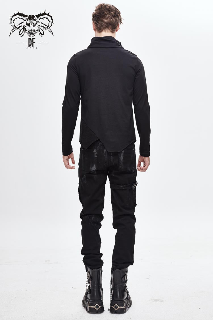 Black Worn Out Cross Shaped Hasp High Collar Asymmetric Hem Men's Punk T-Shirt