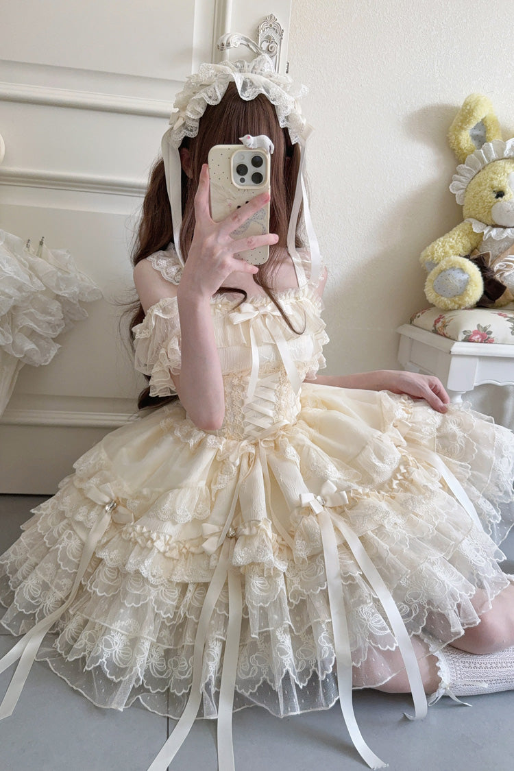 Apricot [Ribbon Heart Love] Sleeveless Multi-Layered Ruffle Bowknot Lace Lace-Up Sweet Princess Ballet Lolita Jsk Dress