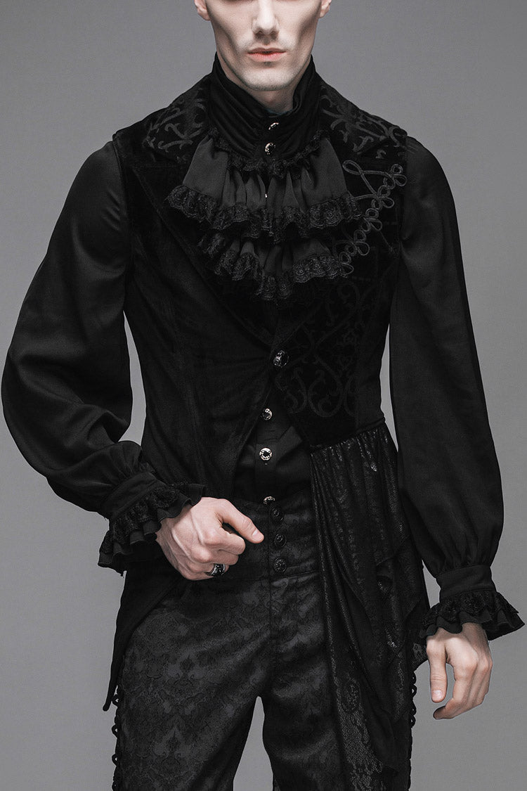 Black Spun Velvet Chinese Frog Button Floral Spiral Pattern Asymmetrical Hem Lace Up Men's Gothic Waistcoat