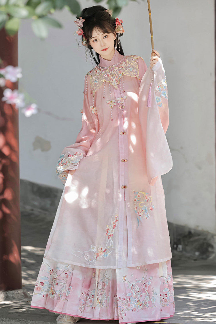 ピンク【春景園】襟ハイウエスト刺繍レディース甘い漢服ドレスセット