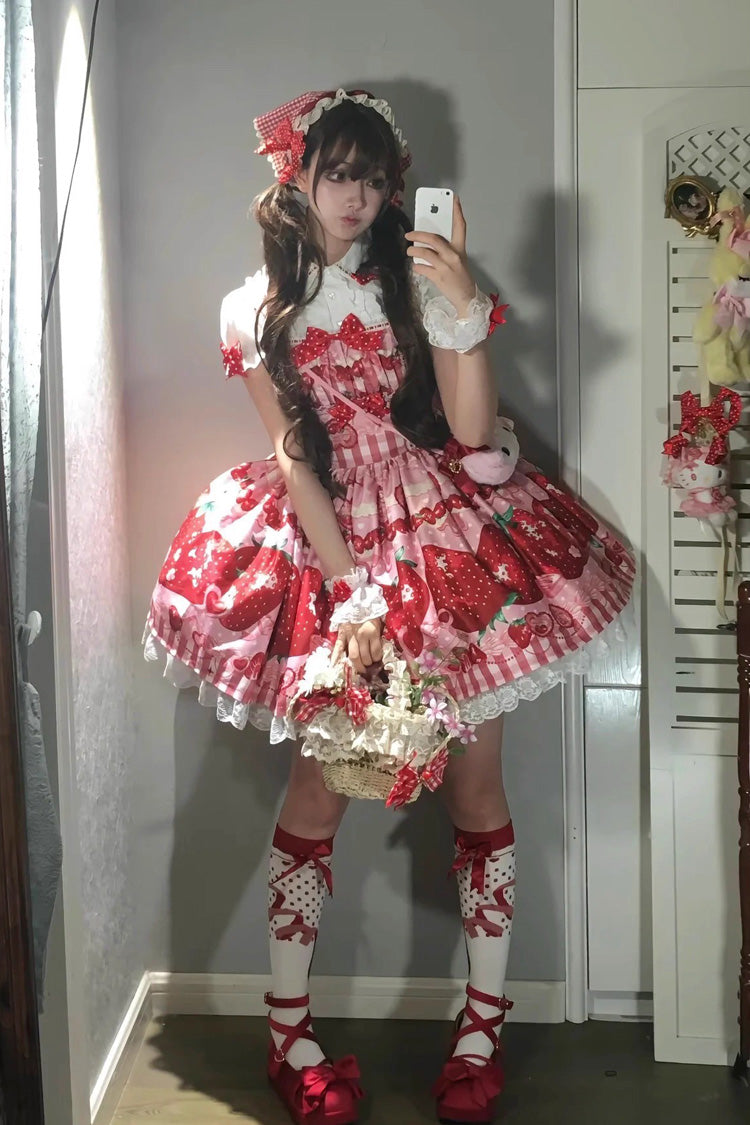 [Dream to Strawberry] Print Ruffle Bowknot Lace Sweet Lolita Jsk Dress 4 Colors