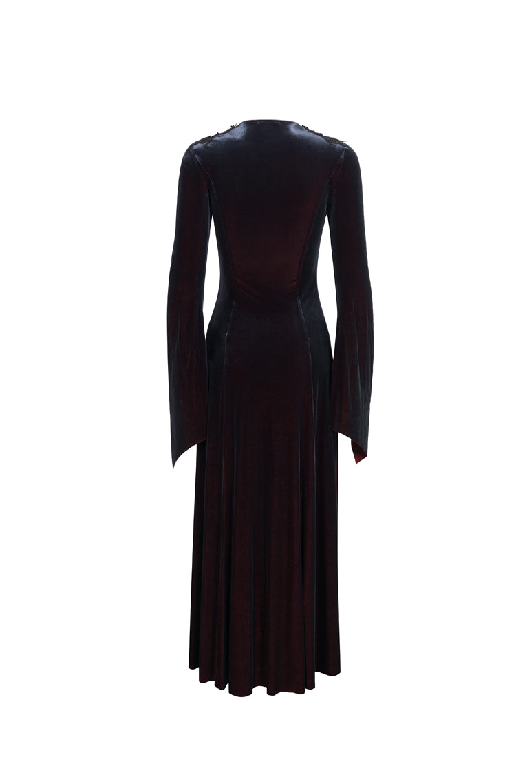 Black/Red Embroidered Fringe Flared Sleeve Long Women's Gothic Dress