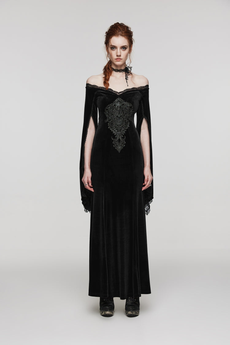 Schwarzes schulterfreies, langes Trompetenärmel-Hochzeits-Stil, besticktes Patchwork-Spitzen-Schnürkleid für Damen im Gothic-Stil, elegantes, luxuriöses, trägerloses Samtkleid