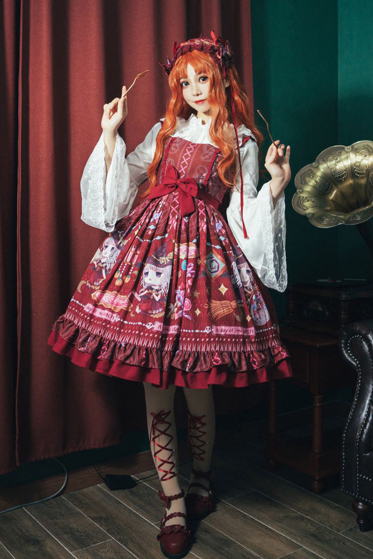 Robe Jsk Lolita élégante et douce à nœud papillon à volants imprimés sans manches [Petite Sorcière] rouge 