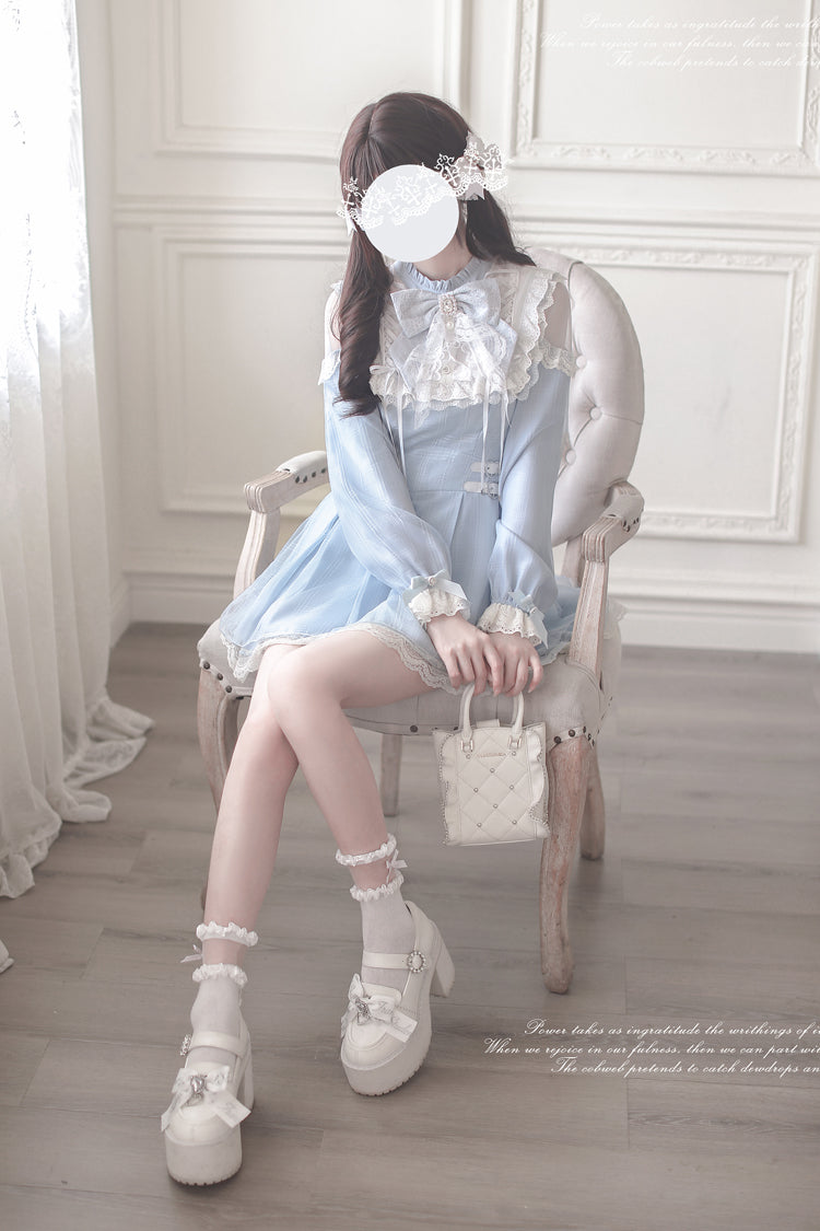 Aqua [Battement de cœur d'ange] Manches longues Nœud en dentelle Robe japonaise douce Jirai Kei 