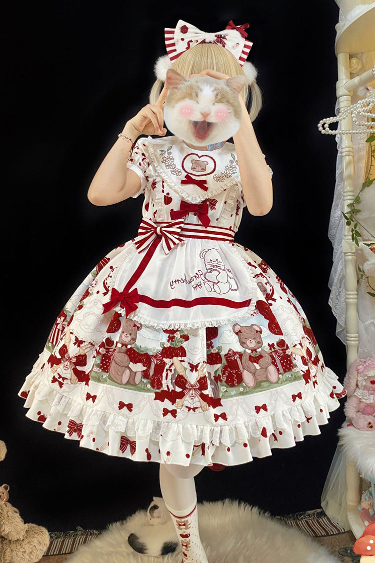 Red/White Short Sleeves Strawberry Bear Print Ruffle Bowknot Sweet Plus Size Lolita Dress